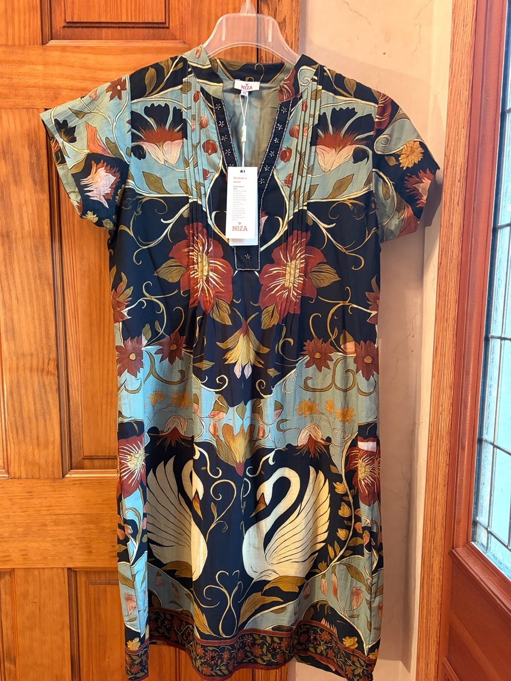 NIZA Hand Embroidered Swan Shift Mini Dress Silk Cotton Sz 10 Multi